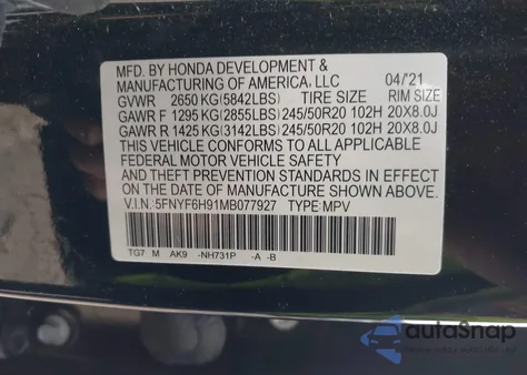 2021 Honda Pilot Awd Touring 8 Passenger z USA, uszkodzony, nr VIN 5FNYF6H91MB077927